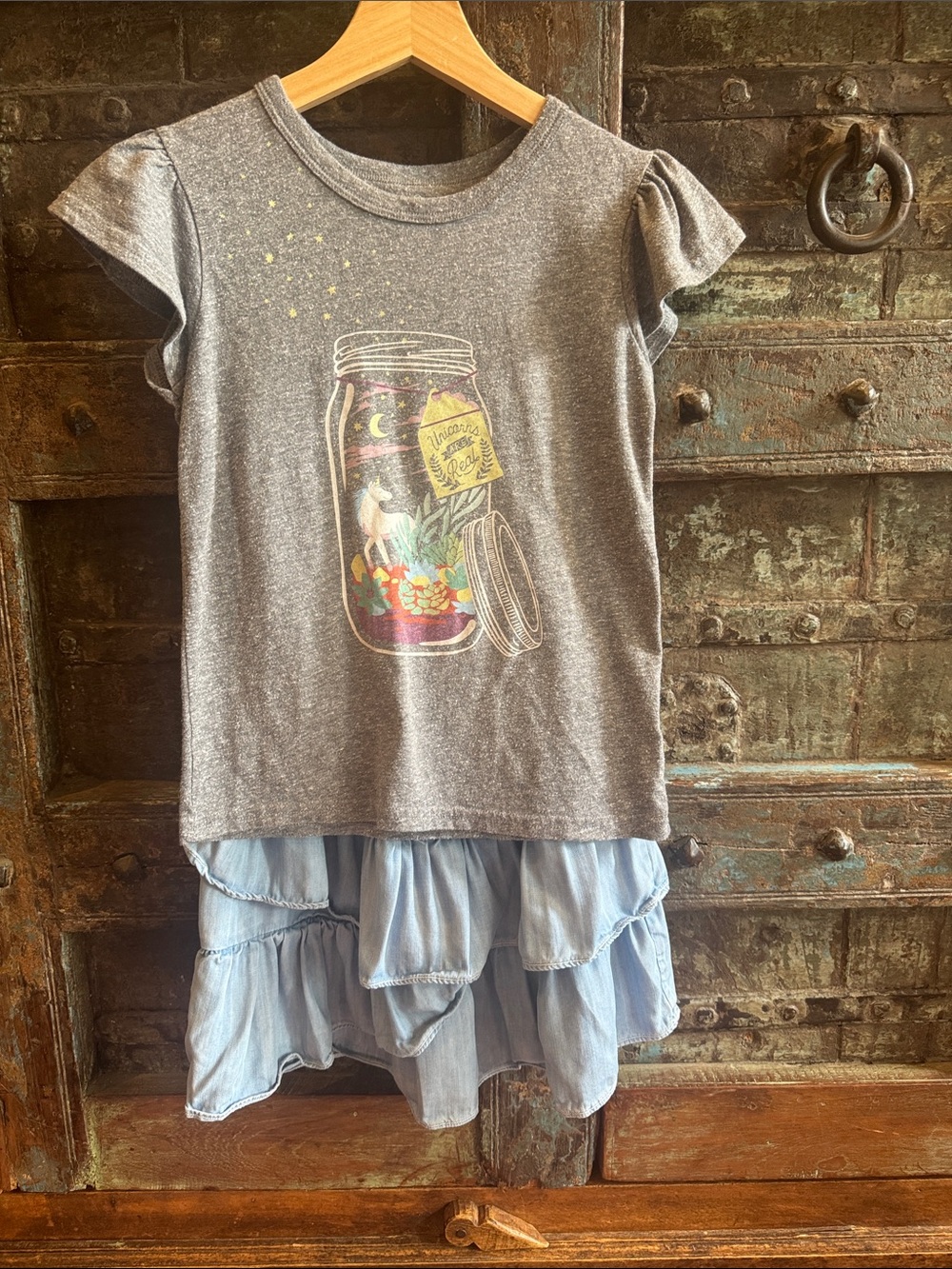 Peek Gray Graphic Tee with Light Blue Ruffle Hem